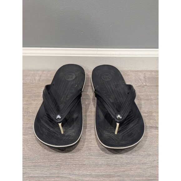 CROCS Black Leather rubber Thong Sandals Men’s Size 9 Women's Sz 11 Comfort - Picture 1 of 12